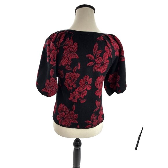 Liz Claiborne Womens Size S Black Red Floral Sweater Puff Sleeve Knit Top - Picture 4 of 6